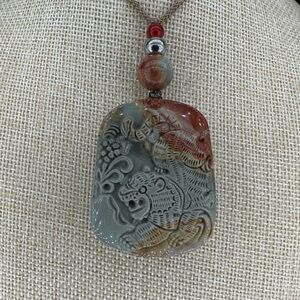 Polychrome Jasper Tiger Pendant Necklace with Stainless Steel Accent on Rope